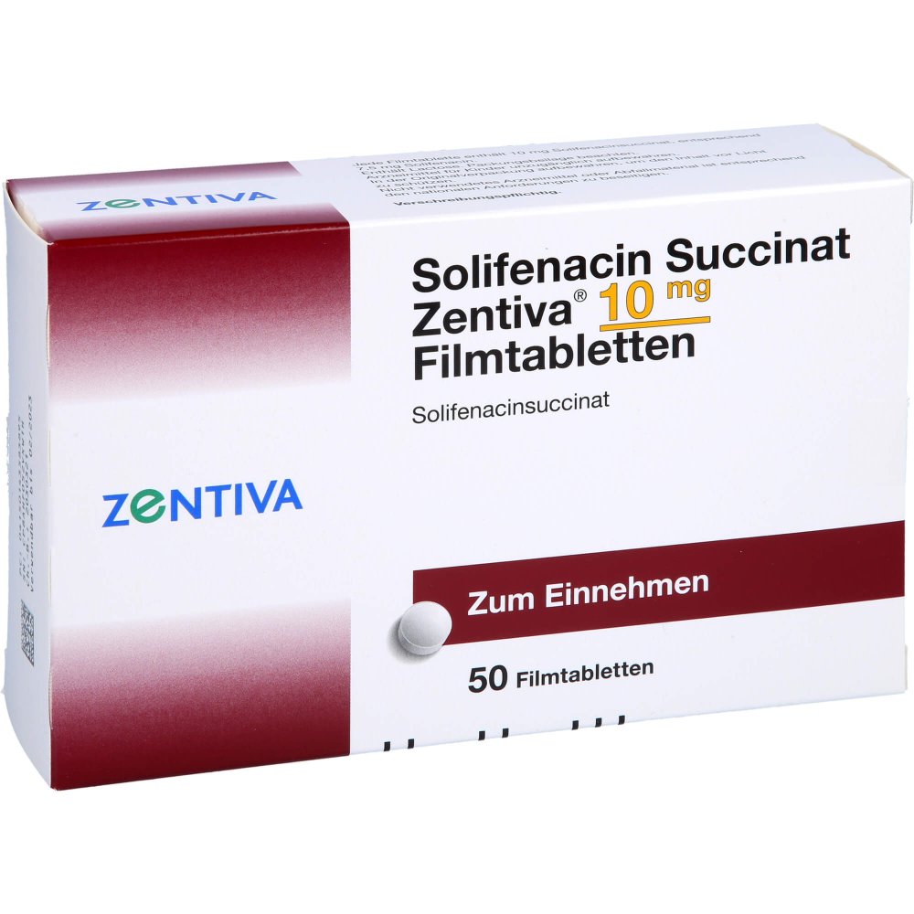 Das Produktfoto zeigt Solifenacin Succinat Zentiva 10 Mg Filmtabletten (50 stk) PZN 14358389