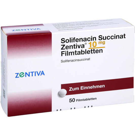 Das Produktfoto zeigt Solifenacin Succinat Zentiva 10 Mg Filmtabletten (50 stk) PZN 14358389