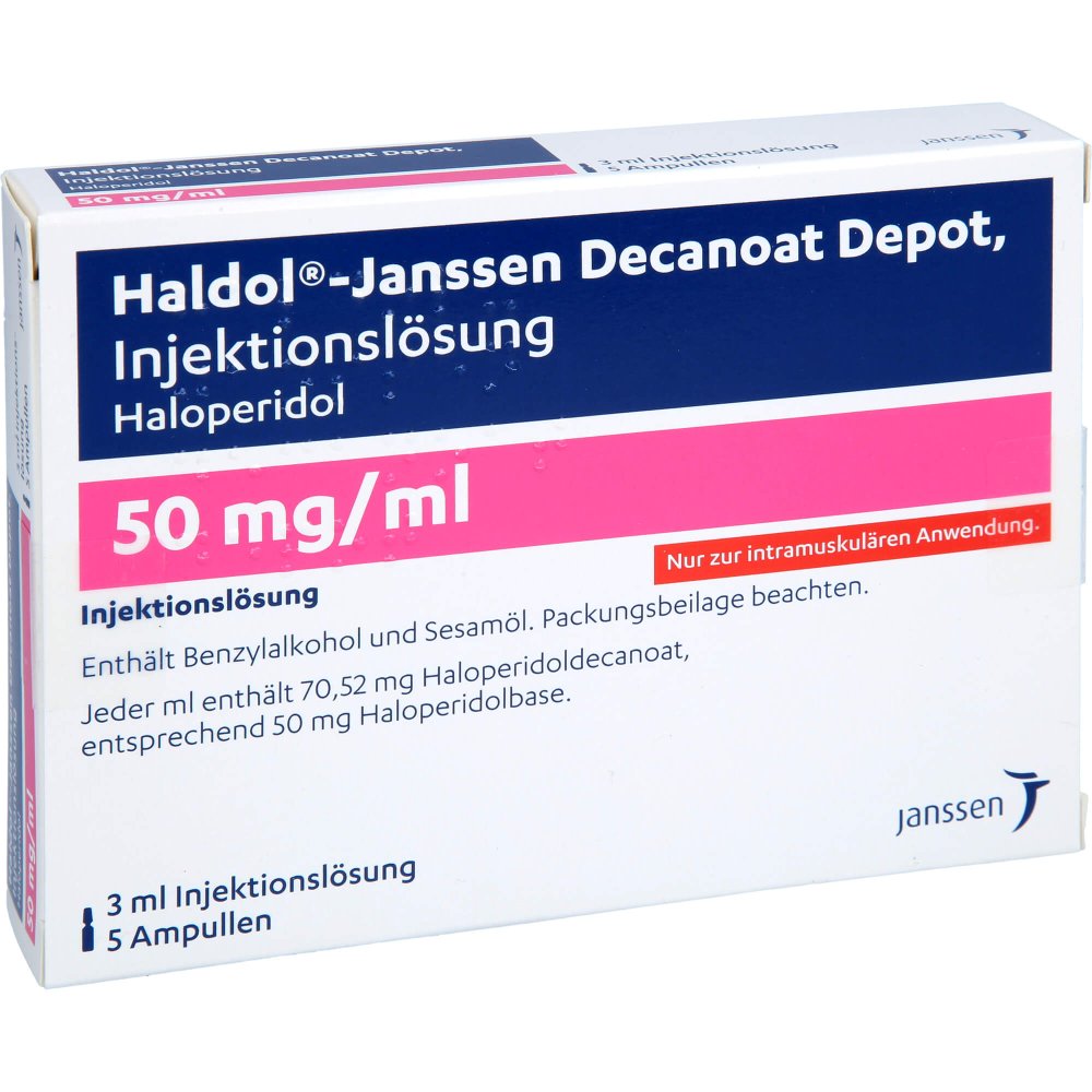 Das Produktfoto zeigt Haldol Janssen Decanoat Depot 50 Mg/Ml Inj.L.Amp. (5X3 ml) PZN 14363060