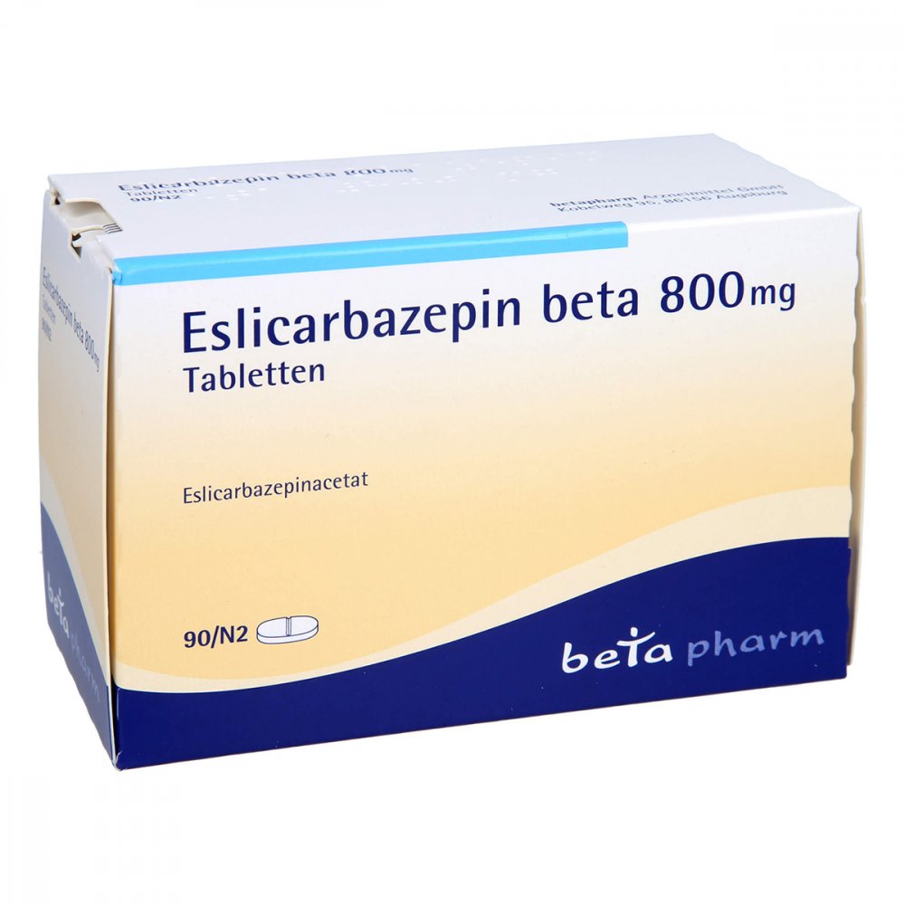Das Produktfoto zeigt Eslicarbazepin Beta 800 Mg Tabletten (90 stk) PZN 14363657