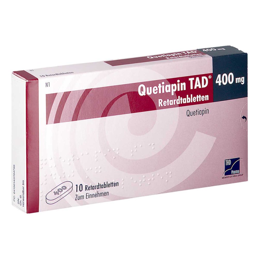 Das Produktfoto zeigt Quetiapin Tad 400 Mg Retardtabletten (10 stk) PZN 14370479