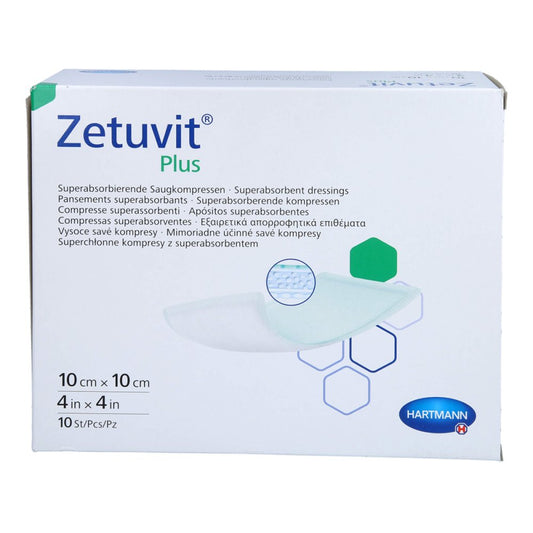 Das Produktfoto zeigt Zetuvit Plus Extrastarke Saugkompr.Steril 10x10 Cm (10 stk) PZN 14374709