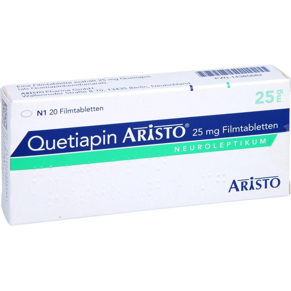 Das Produktfoto zeigt Quetiapin Aristo 25 Mg Filmtabletten (20 stk) PZN 14385682