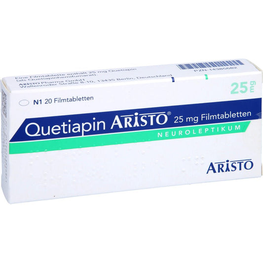 Das Produktfoto zeigt Quetiapin Aristo 25 Mg Filmtabletten (20 stk) PZN 14385682