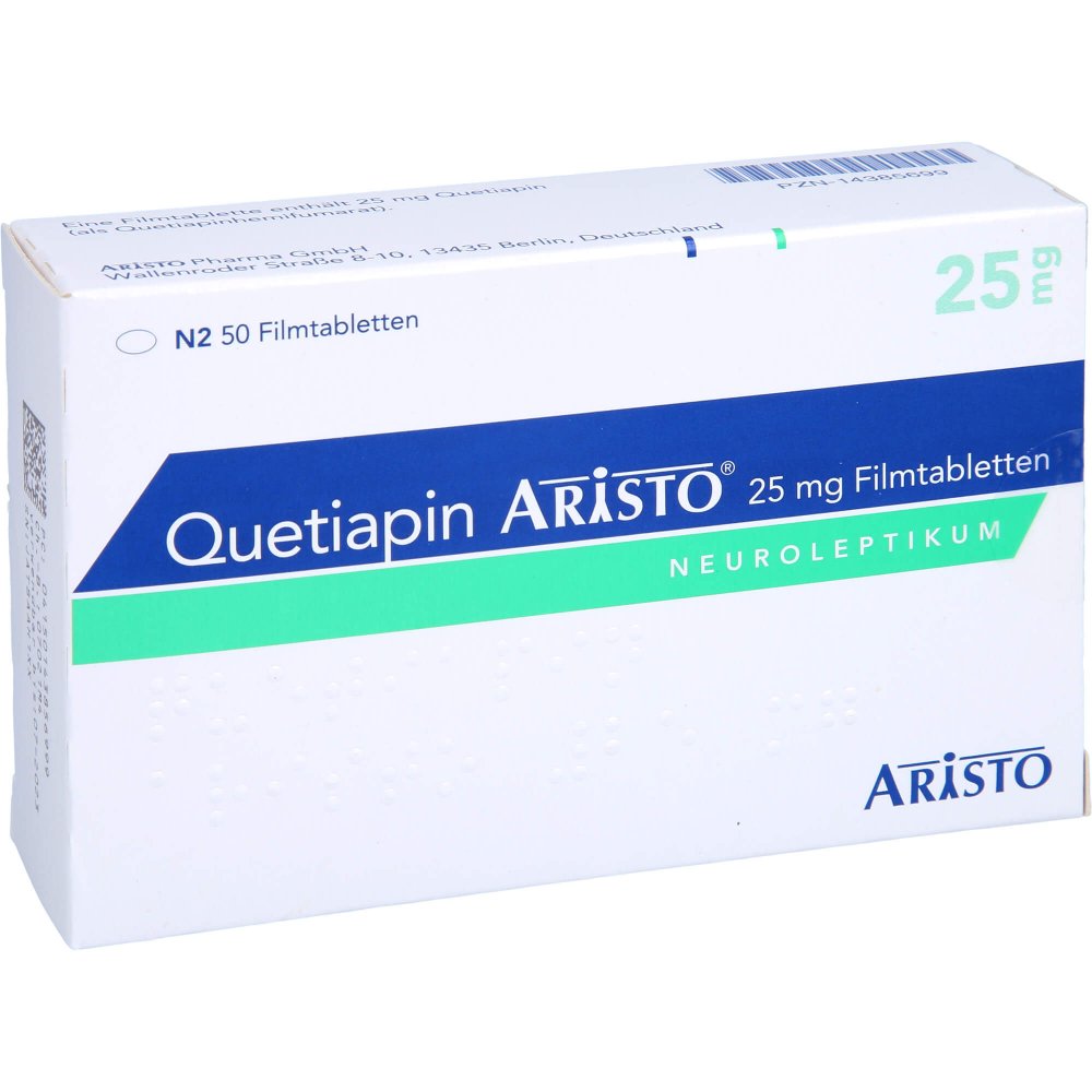 Das Produktfoto zeigt Quetiapin Aristo 25 Mg Filmtabletten (50 stk) PZN 14385699