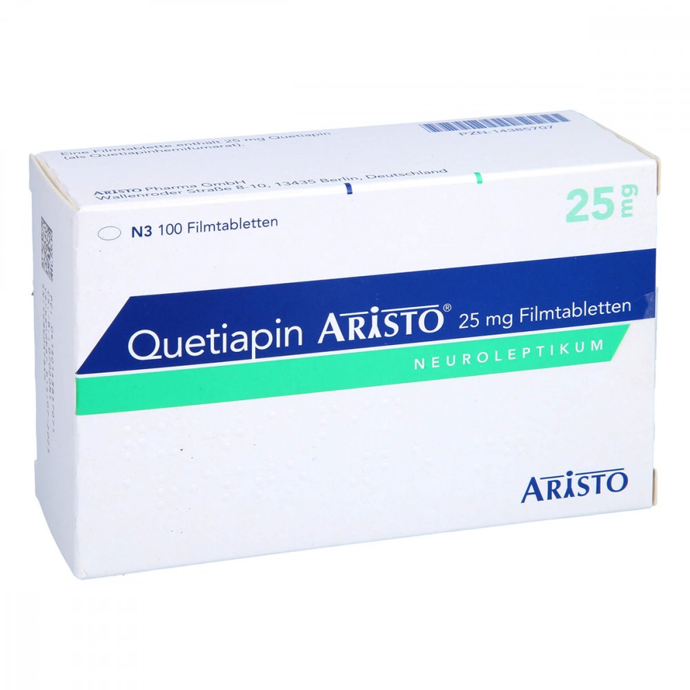 Das Produktfoto zeigt Quetiapin Aristo 25 Mg Filmtabletten (100 stk) PZN 14385707