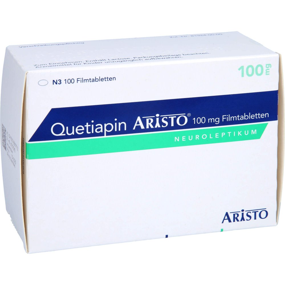 Das Produktfoto zeigt Quetiapin Aristo 100 Mg Filmtabletten (100 stk) PZN 14385771