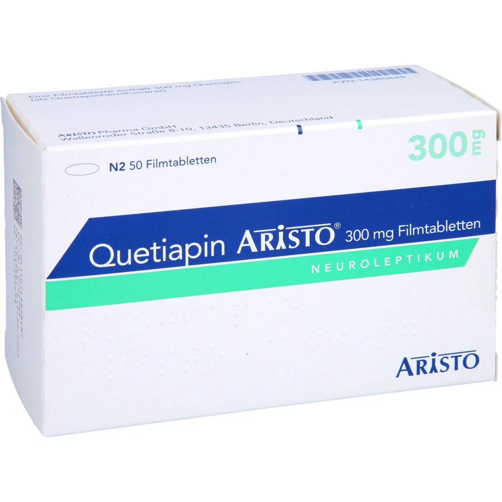 Das Produktfoto zeigt Quetiapin Aristo 300 Mg Filmtabletten (50 stk) PZN 14385848