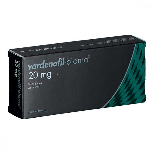 Das Produktfoto zeigt Vardenafil-Biomo 20 Mg Filmtabletten (8 stk) PZN 14413266