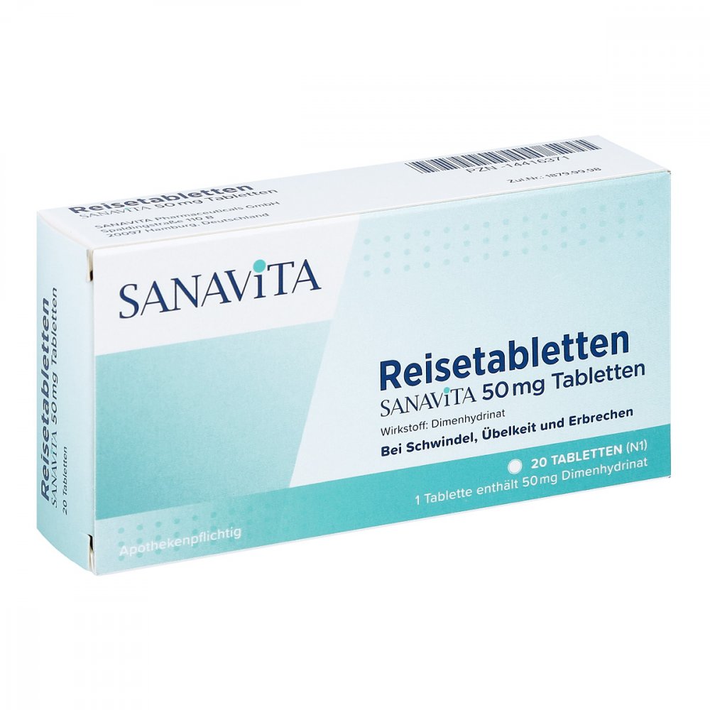 Das Produktfoto zeigt Reisetabletten Sanavita 50 Mg Tabletten (20 stk) PZN 14416371