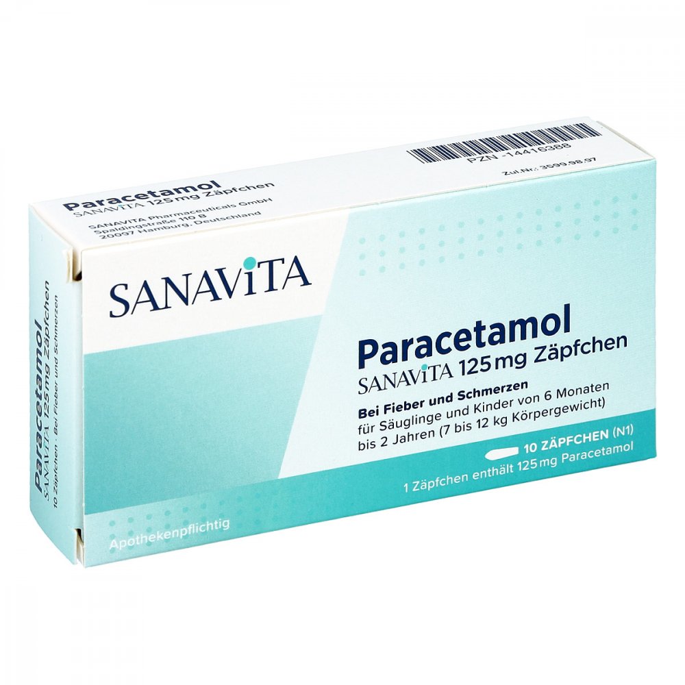 Das Produktfoto zeigt Paracetamol Sanavita 125 Mg Zäpfchen (10 stk) PZN 14416388