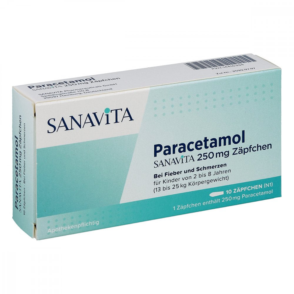 Das Produktfoto zeigt Paracetamol Sanavita 250 Mg Zäpfchen (10 stk) PZN 14416394