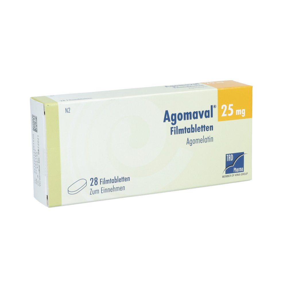Das Produktfoto zeigt Agomaval 25 Mg Filmtabletten (28 stk) PZN 14439142