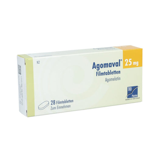 Das Produktfoto zeigt Agomaval 25 Mg Filmtabletten (28 stk) PZN 14439142