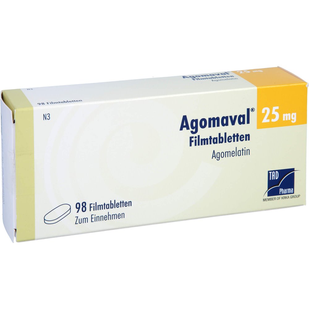 Das Produktfoto zeigt Agomaval 25 Mg Filmtabletten (98 stk) PZN 14439159