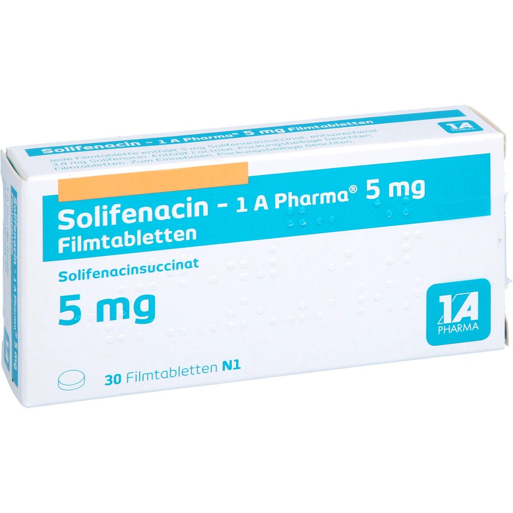 Das Produktfoto zeigt Solifenacin-1a Pharma 5 Mg Filmtabletten (30 stk) PZN 14440903