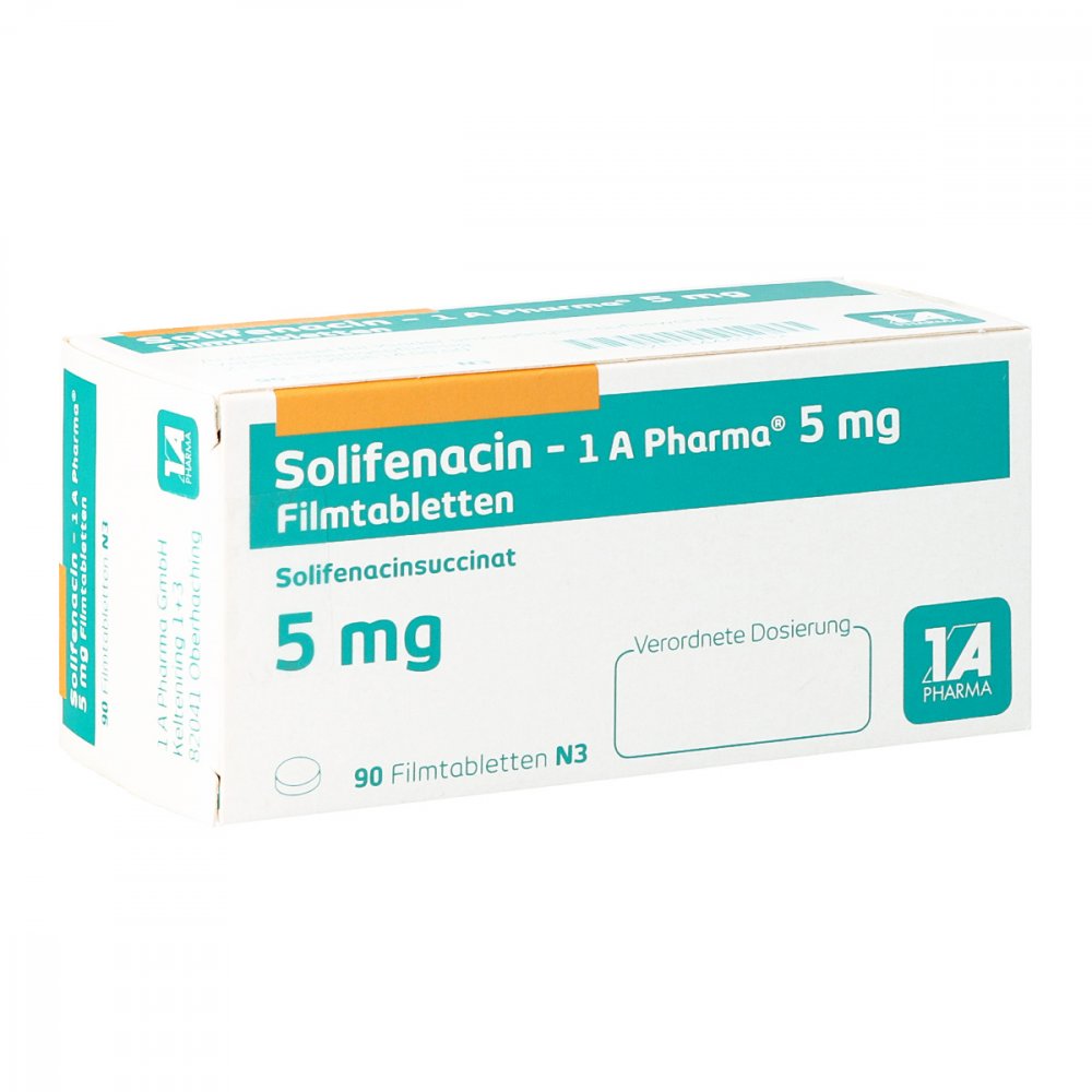 Das Produktfoto zeigt Solifenacin-1a Pharma 5 Mg Filmtabletten (90 stk) PZN 14440932