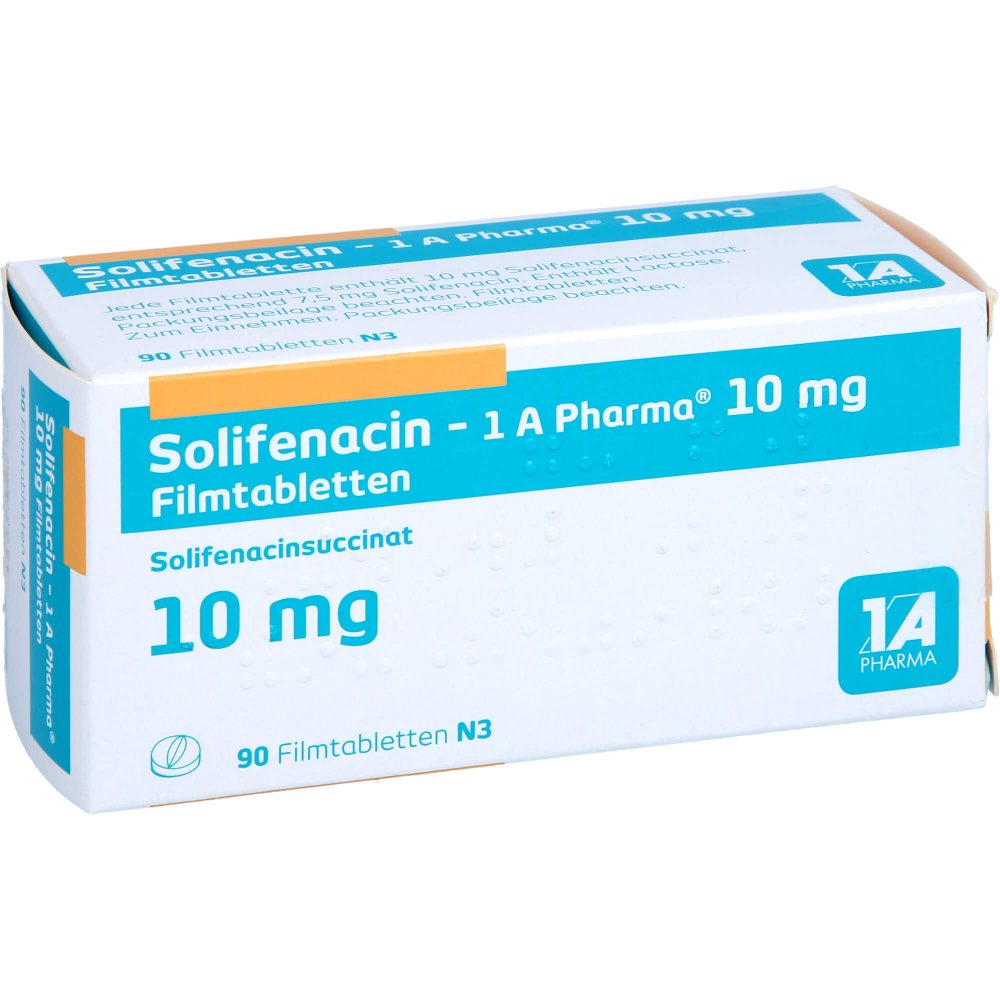 Das Produktfoto zeigt Solifenacin-1a Pharma 10 Mg Filmtabletten (90 stk) PZN 14440961