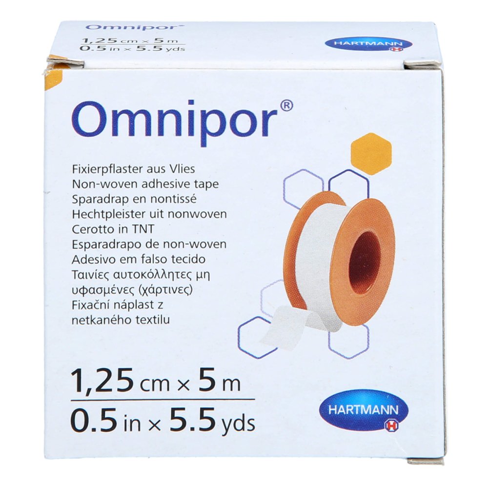 Das Produktfoto zeigt Omnipor Fixierpflaster Vlies 1,25 Cmx5 M (1 stk) PZN 14443273
