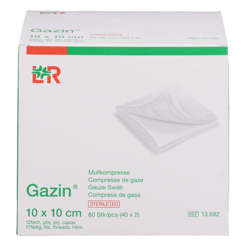 Das Produktfoto zeigt Gazin Mullkomp.10x10 Cm Steril 12fach (40X2 stk) PZN 14443994