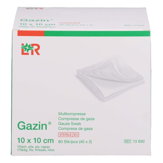 Das Produktfoto zeigt Gazin Mullkomp.10x10 Cm Steril 12fach (40X2 stk) PZN 14443994