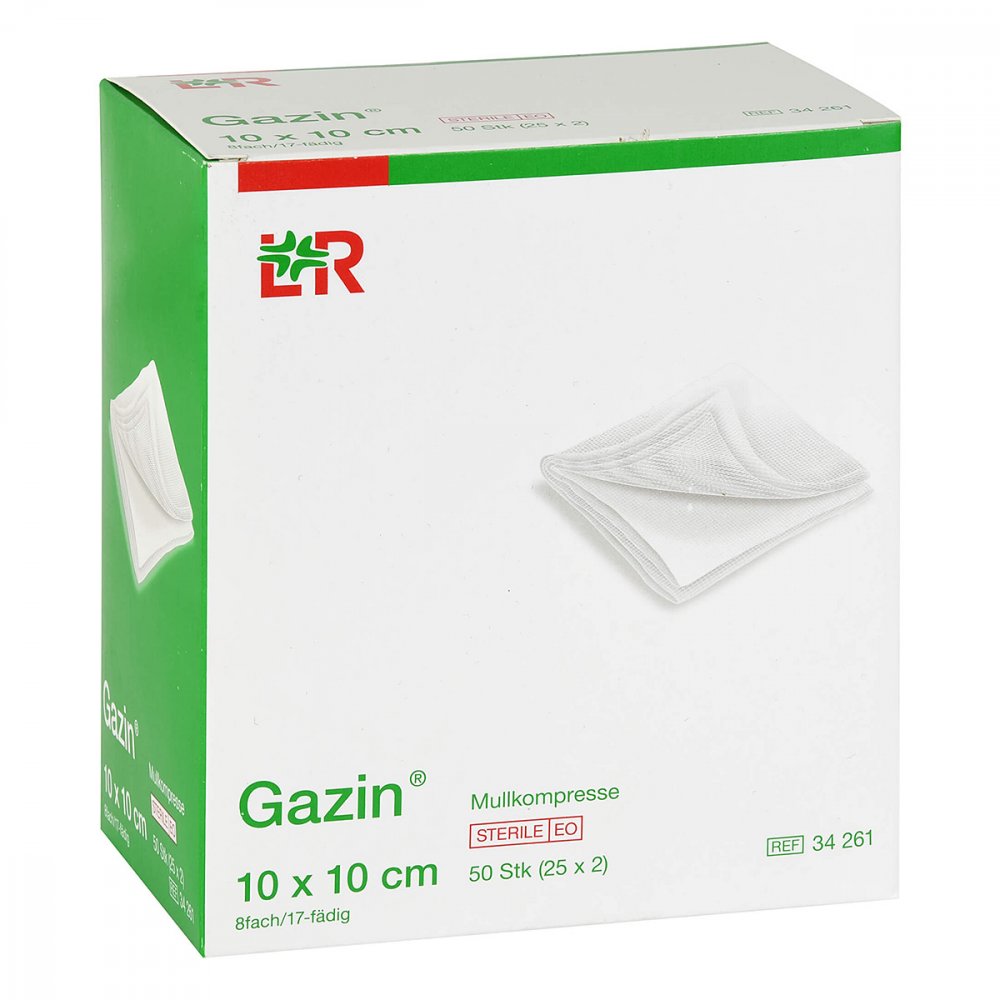 Das Produktfoto zeigt Gazin Mullkomp.10x10 Cm Steril 8fach (25X2 stk) PZN 14444031