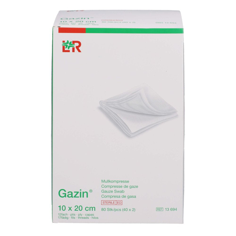 Das Produktfoto zeigt Gazin Mullkomp.10x20 Cm Steril 12fach (40X2 stk) PZN 14444077