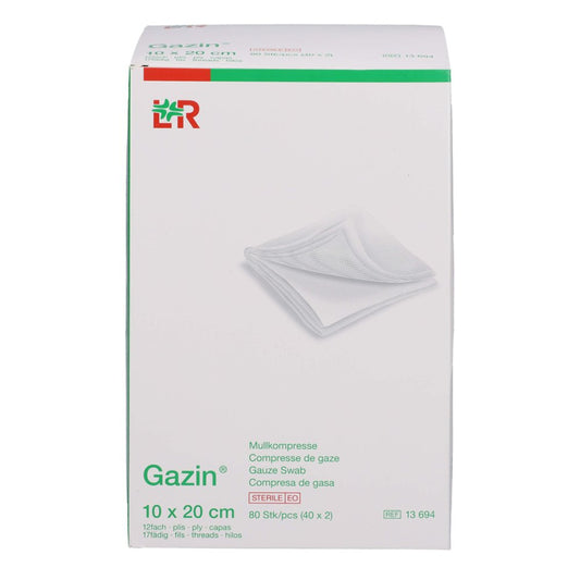 Das Produktfoto zeigt Gazin Mullkomp.10x20 Cm Steril 12fach (40X2 stk) PZN 14444077