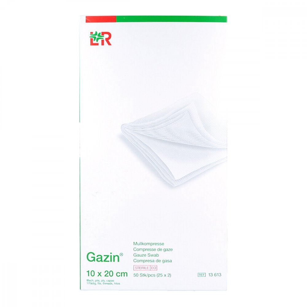 Das Produktfoto zeigt Gazin Mullkomp.10x20 Cm Steril 8fach (25X2 stk) PZN 14444108