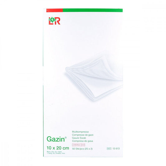 Das Produktfoto zeigt Gazin Mullkomp.10x20 Cm Steril 8fach (25X2 stk) PZN 14444108
