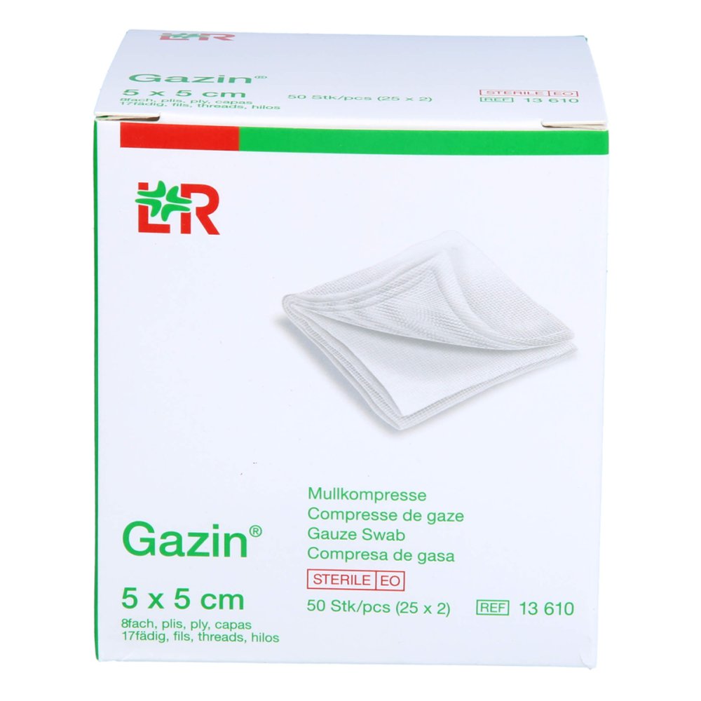 Das Produktfoto zeigt Gazin Mullkomp.5x5 Cm Steril 8fach (25X2 stk) PZN 14444172