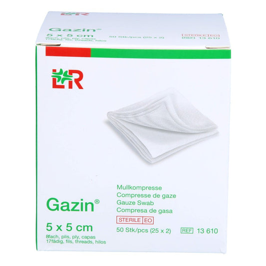 Das Produktfoto zeigt Gazin Mullkomp.5x5 Cm Steril 8fach (25X2 stk) PZN 14444172