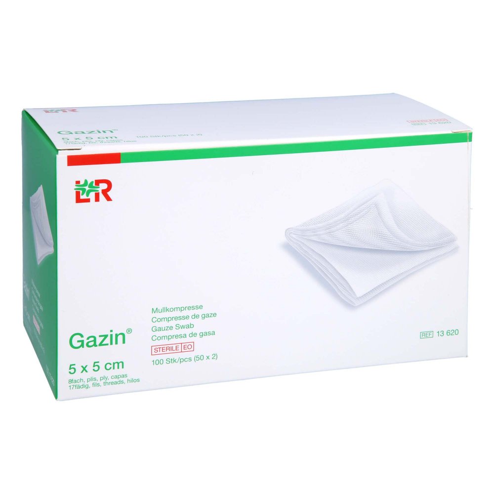 Das Produktfoto zeigt Gazin Mullkomp.5x5 Cm Steril 8fach (50X2 stk) PZN 14444189