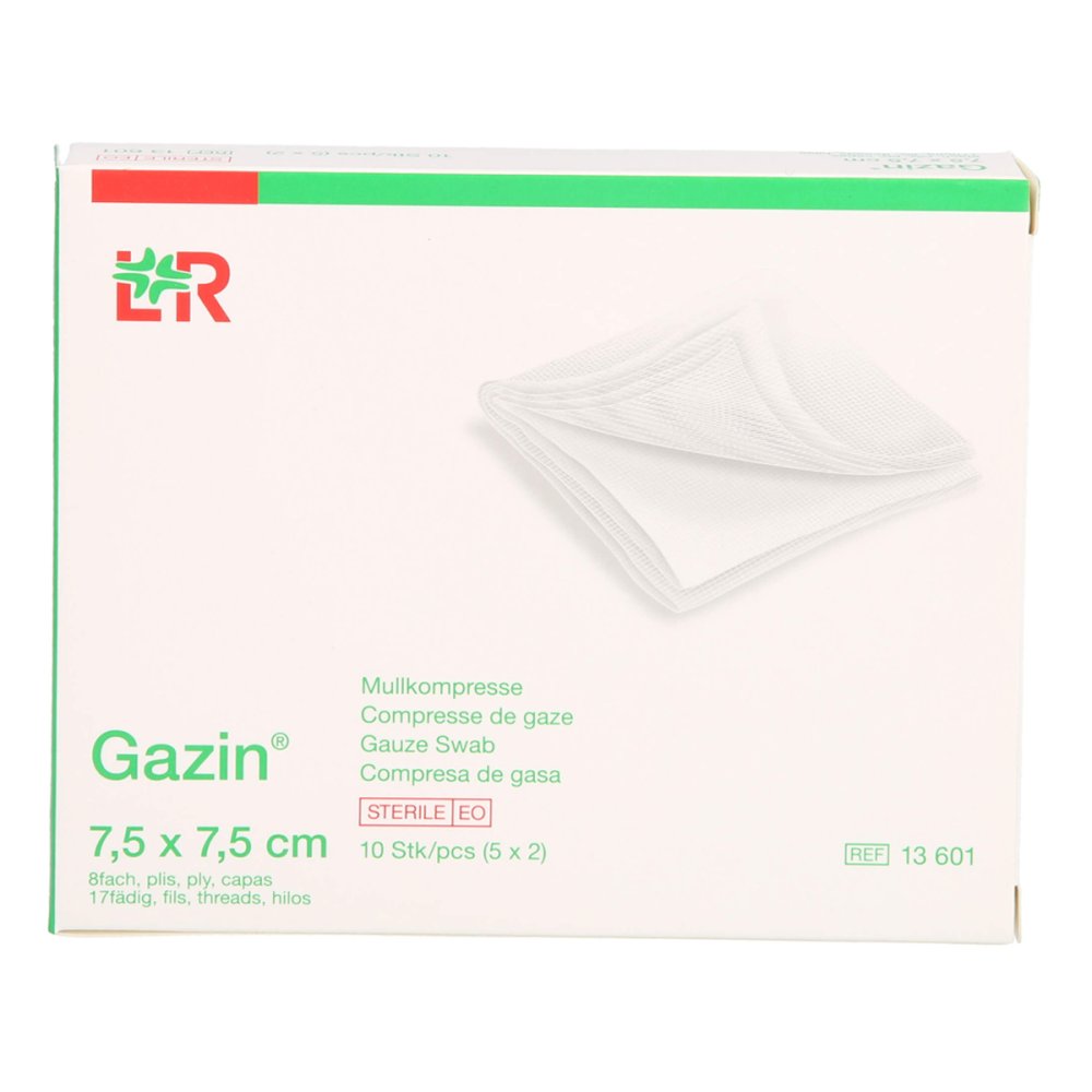 Das Produktfoto zeigt Gazin Mullkomp.7,5x7,5 Cm Steril 8fach (5X2 stk) PZN 14444255