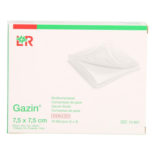 Das Produktfoto zeigt Gazin Mullkomp.7,5x7,5 Cm Steril 8fach (5X2 stk) PZN 14444255