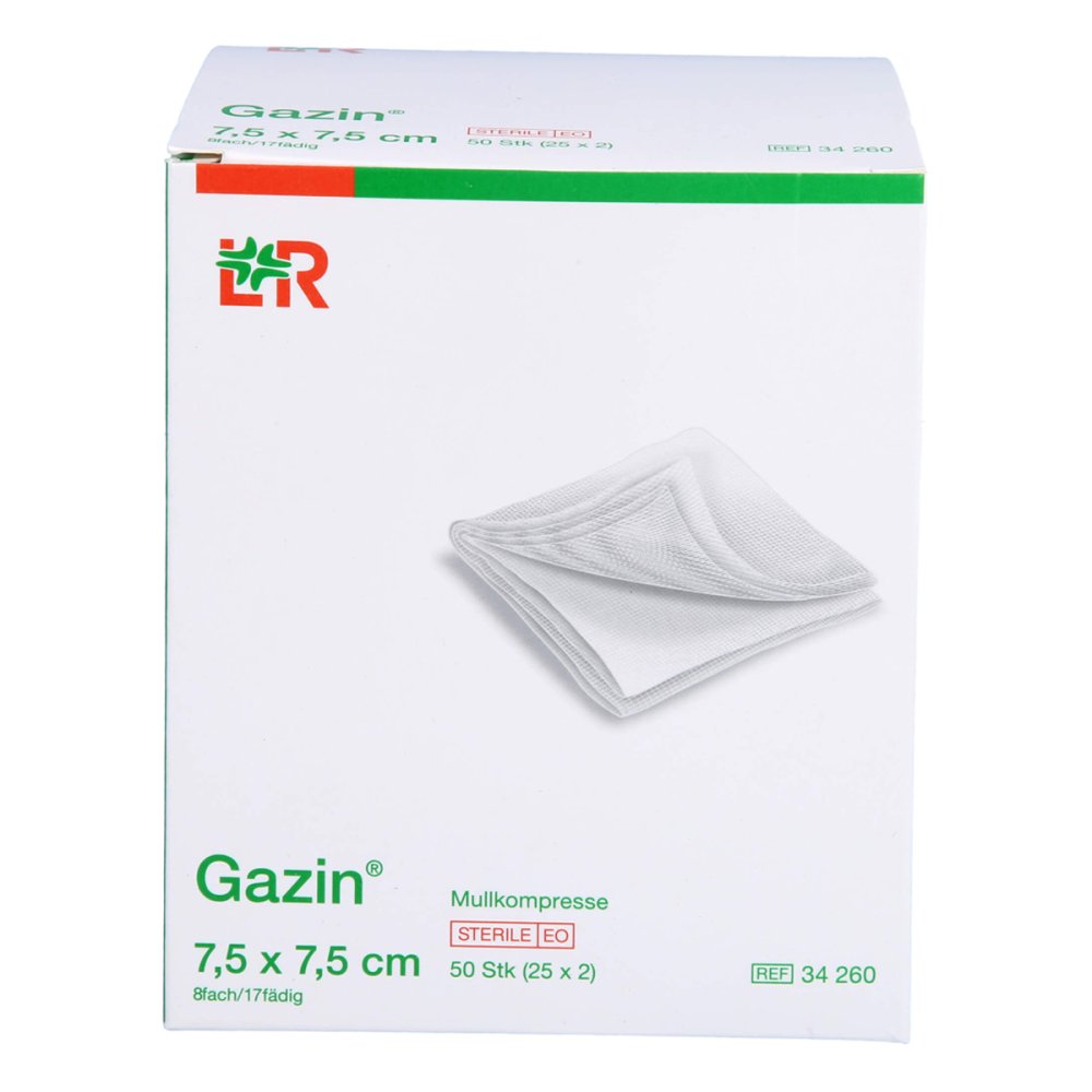 Das Produktfoto zeigt Gazin Mullkomp.7,5x7,5 Cm Steril 8fach (25X2 stk) PZN 14444261