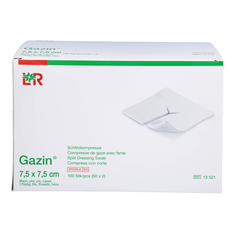 Das Produktfoto zeigt Gazin Schlitzkompressen 7,5x7,5 Cm Steril 8fach (50X2 stk) PZN 14444315