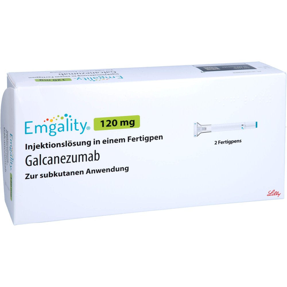 Das Produktfoto zeigt Emgality 120 Mg Injektionslösung I.E.Fertigpen (2 stk) PZN 14445697