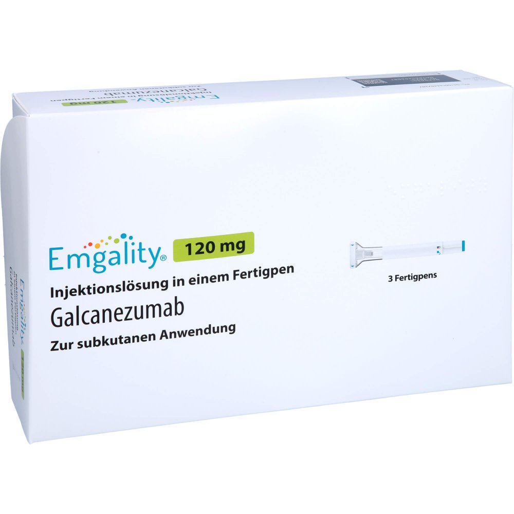 Das Produktfoto zeigt Emgality 120 Mg Injektionslösung I.E.Fertigpen (3 stk) PZN 14445728