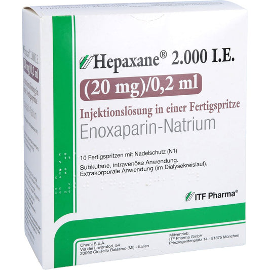Das Produktfoto zeigt Hepaxane 2.000 I.E. 20 Mg/0,2 Ml Inj.-Lsg.I.E.Fs (10 stk) PZN 14446188