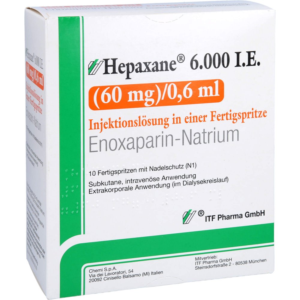 Das Produktfoto zeigt Hepaxane 6.000 I.E. 60 Mg/0,6 Ml Inj.-Lsg.I.E.Fs (10 stk) PZN 14446202