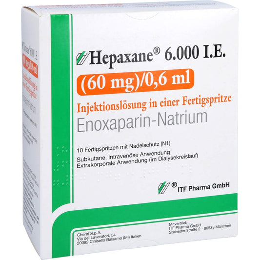 Das Produktfoto zeigt Hepaxane 6.000 I.E. 60 Mg/0,6 Ml Inj.-Lsg.I.E.Fs (10 stk) PZN 14446202