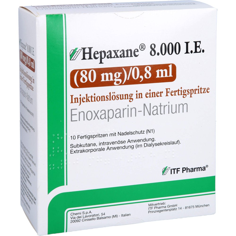 Das Produktfoto zeigt Hepaxane 8.000 I.E. 80 Mg/0,8 Ml Inj.-Lsg.I.E.Fs (10 stk) PZN 14446219
