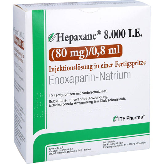 Das Produktfoto zeigt Hepaxane 8.000 I.E. 80 Mg/0,8 Ml Inj.-Lsg.I.E.Fs (10 stk) PZN 14446219