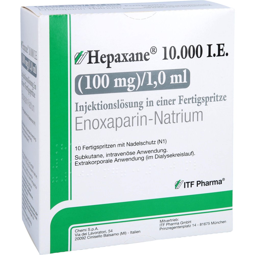 Das Produktfoto zeigt Hepaxane 10.000 I.E. 100 Mg/1,0 Ml Inj.-Lsg.I.E.Fs (10 stk) PZN 14446231