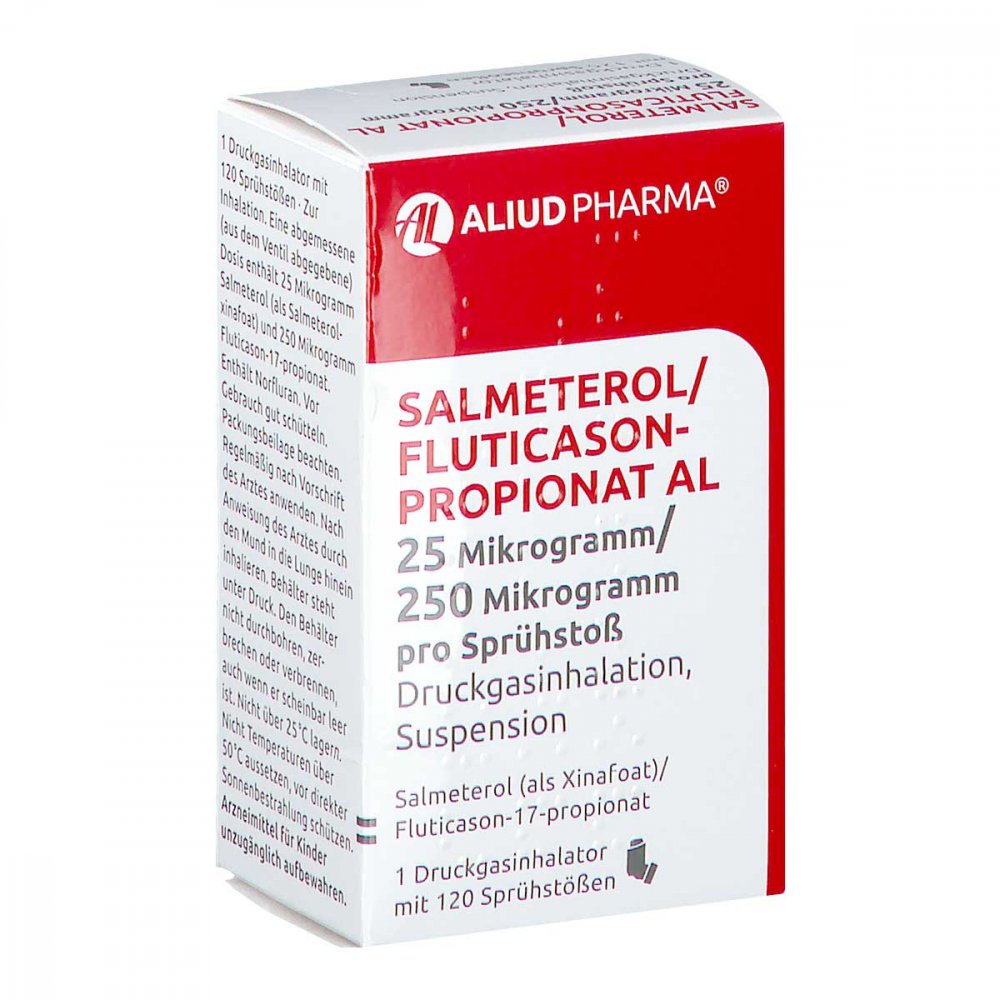Das Produktfoto zeigt Salmeterol/Fluticasonpropionat Al 25μg/250μg 120 (1 stk) PZN 14465240