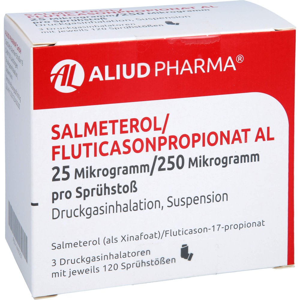 Das Produktfoto zeigt Salmeterol/Fluticasonpropionat Al 25μg/250μg 3x120 (3 stk) PZN 14465257