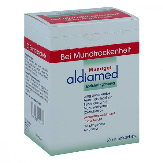 Das Produktfoto zeigt Aldiamed Mundgel Z.Speichelergänzung Einmalsachets (50X2 ml) PZN 14853752