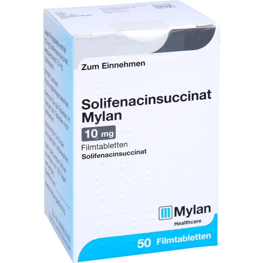 Das Produktfoto zeigt Solifenacinsuccinat Mylan 10 Mg Filmtabletten (50 stk) PZN 15024012