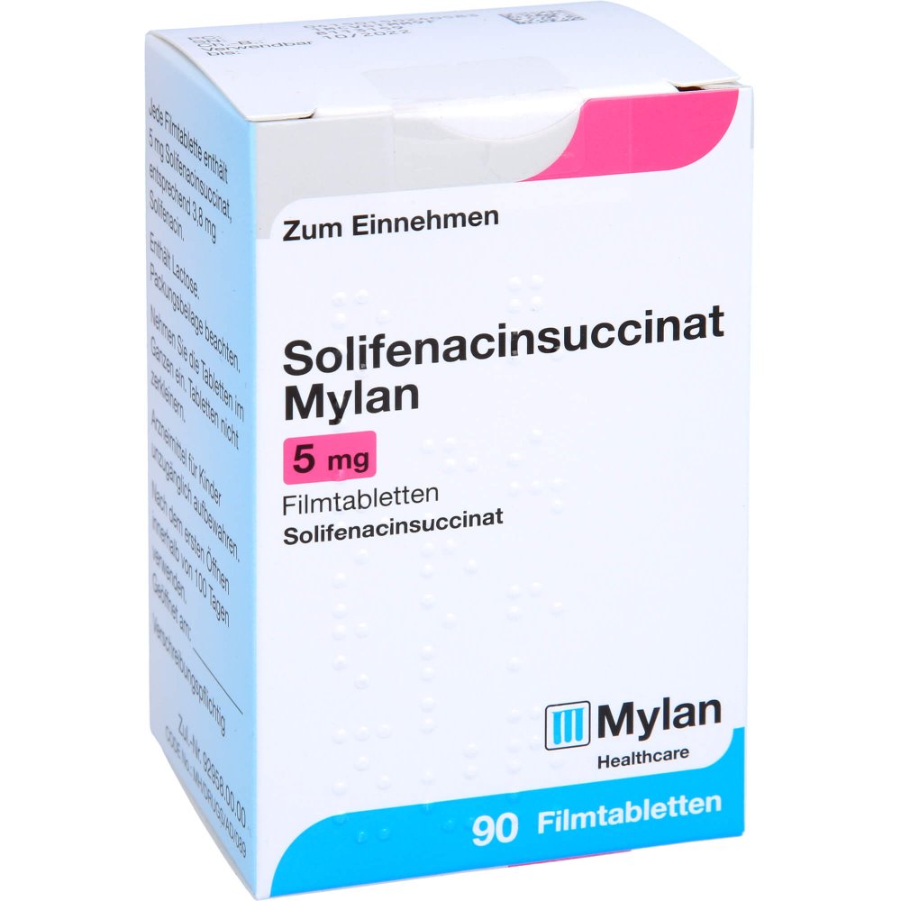 Das Produktfoto zeigt Solifenacinsuccinat Mylan 5 Mg Filmtabletten (90 stk) PZN 15024058